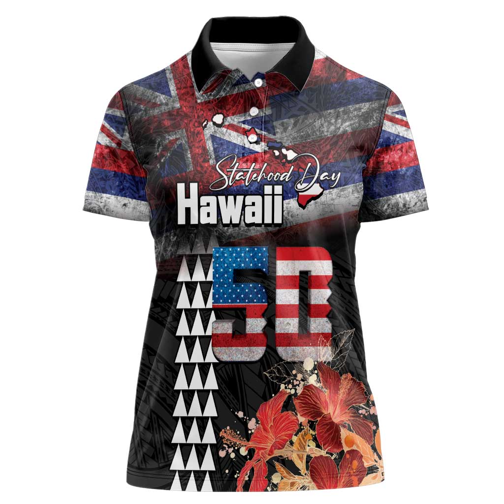 Hawaii Statehood Day Women Polo Shirt 50th state of the United States Kakau Tattoos and Hibiscus Grunge - Polynesian Pride