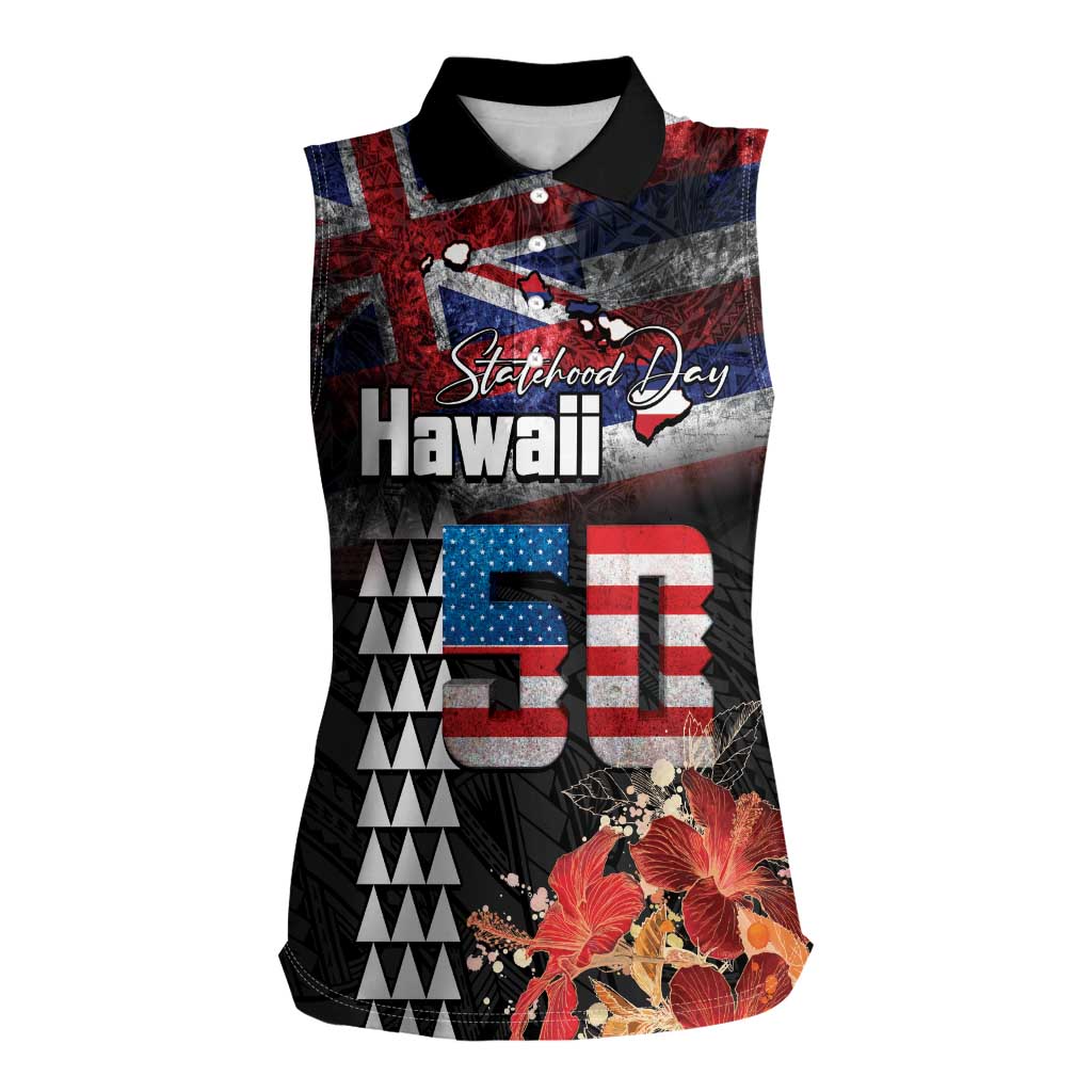 Hawaii Statehood Day Women Sleeveless Polo Shirt 50th state of the United States Kakau Tattoos and Hibiscus Grunge LT03 Female Black - Polynesian Pride