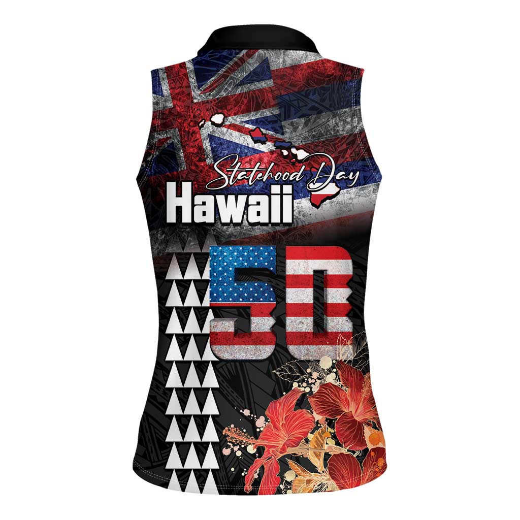Hawaii Statehood Day Women Sleeveless Polo Shirt 50th state of the United States Kakau Tattoos and Hibiscus Grunge LT03 - Polynesian Pride