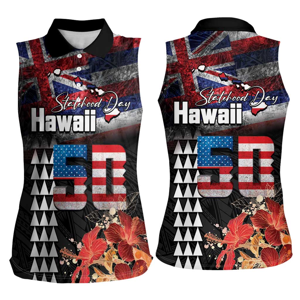 Hawaii Statehood Day Women Sleeveless Polo Shirt 50th state of the United States Kakau Tattoos and Hibiscus Grunge LT03 - Polynesian Pride