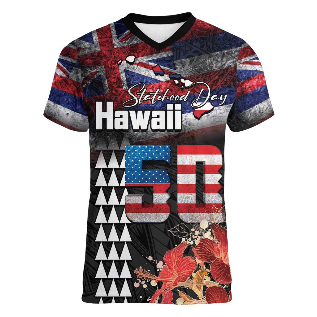 Hawaii Statehood Day Women V-Neck T-Shirt 50th state of the United States Kakau Tattoos and Hibiscus Grunge LT03 Female Black - Polynesian Pride