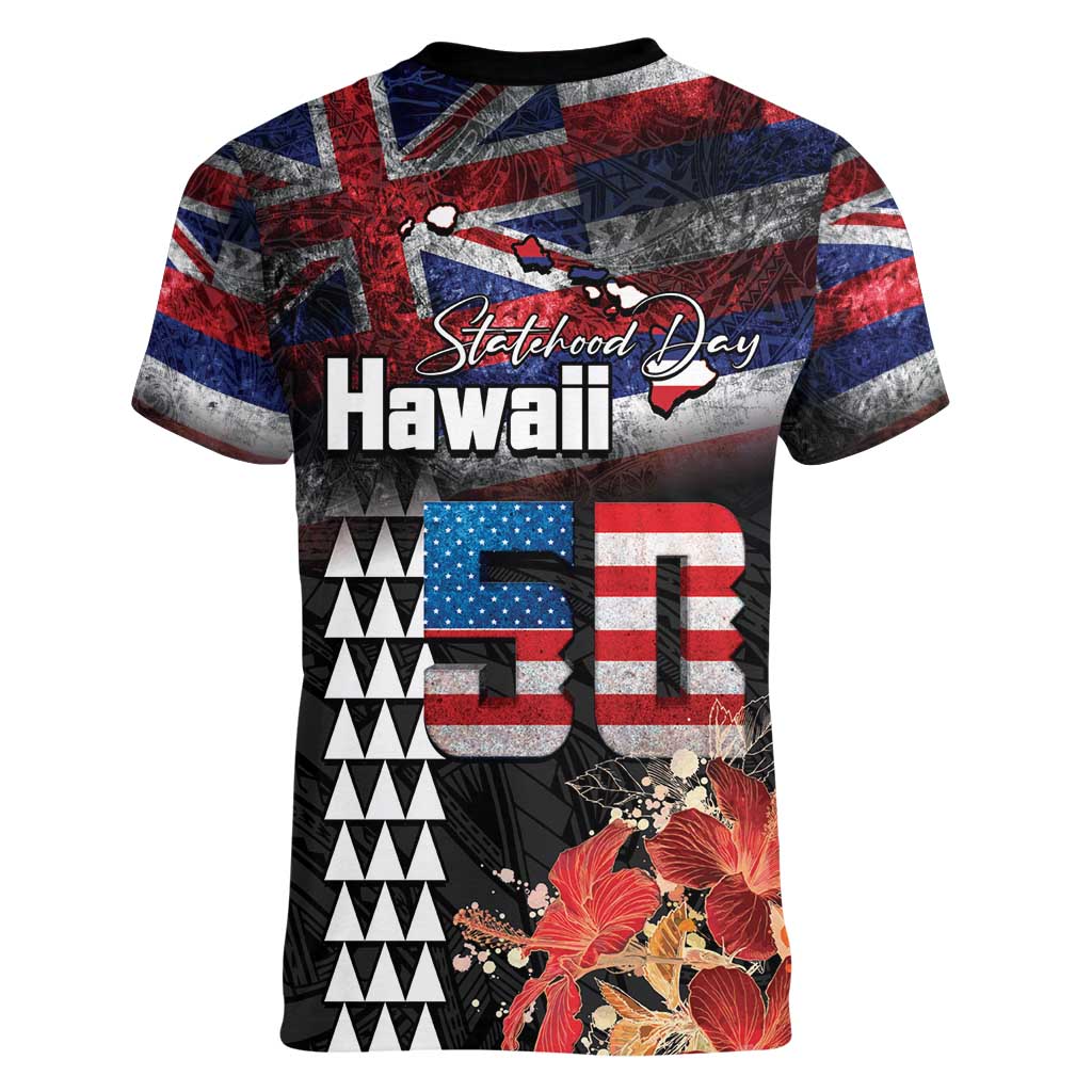 Hawaii Statehood Day Women V-Neck T-Shirt 50th state of the United States Kakau Tattoos and Hibiscus Grunge LT03 - Polynesian Pride