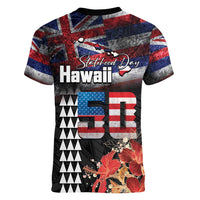 Hawaii Statehood Day Women V-Neck T-Shirt 50th state of the United States Kakau Tattoos and Hibiscus Grunge LT03 - Polynesian Pride