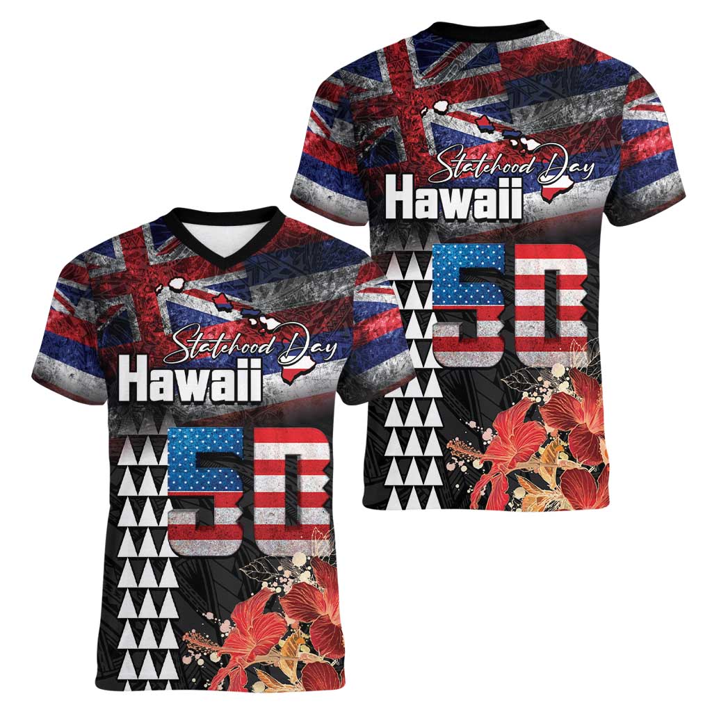Hawaii Statehood Day Women V-Neck T-Shirt 50th state of the United States Kakau Tattoos and Hibiscus Grunge LT03 - Polynesian Pride