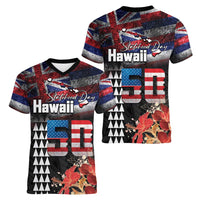 Hawaii Statehood Day Women V-Neck T-Shirt 50th state of the United States Kakau Tattoos and Hibiscus Grunge LT03 - Polynesian Pride