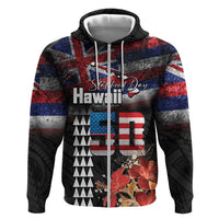 Hawaii Statehood Day Zip Hoodie 50th state of the United States Kakau Tattoos and Hibiscus Grunge LT03 Zip Hoodie Black - Polynesian Pride