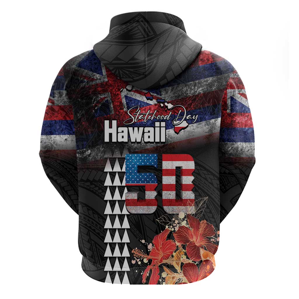 Hawaii Statehood Day Zip Hoodie 50th state of the United States Kakau Tattoos and Hibiscus Grunge LT03 - Polynesian Pride