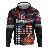 Hawaii Statehood Day Zip Hoodie 50th state of the United States Kakau Tattoos and Hibiscus Grunge LT03 Pullover Hoodie Black - Polynesian Pride