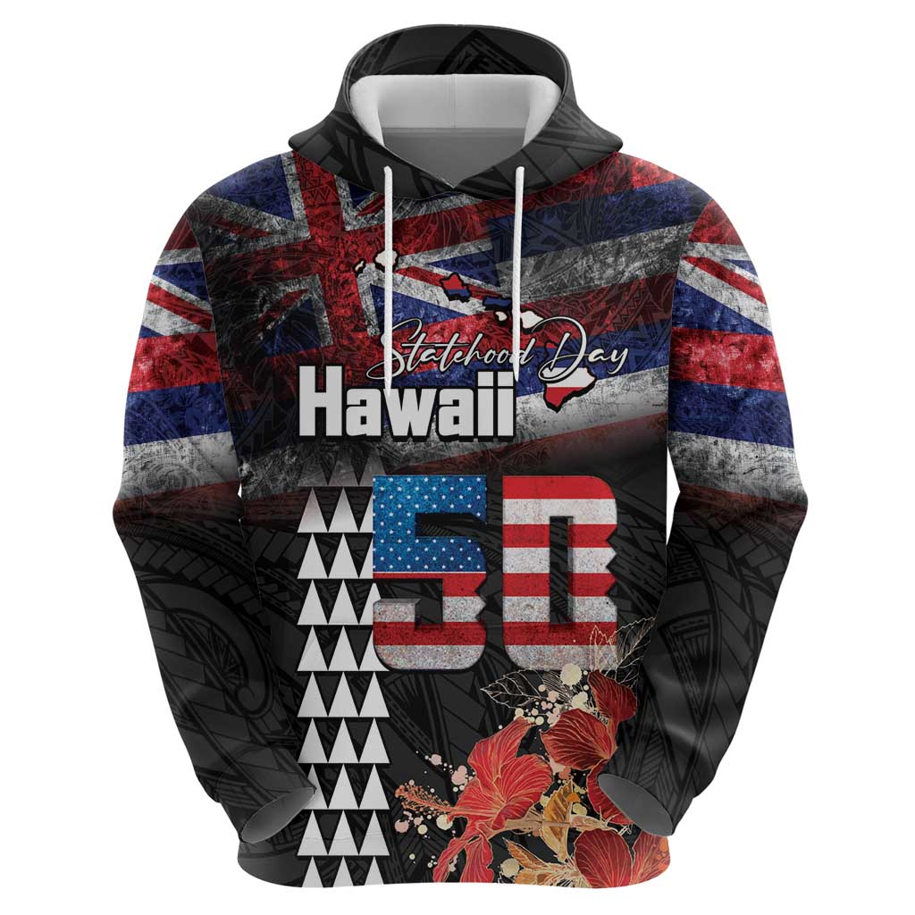 Hawaii Statehood Day Zip Hoodie 50th state of the United States Kakau Tattoos and Hibiscus Grunge LT03 - Polynesian Pride