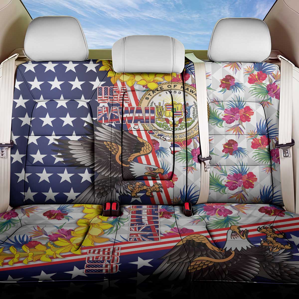 Hawaii and United States Together Back Car Seat Cover Seal of Hawaii and Bald Eagle LT03 One Size White - Polynesian Pride