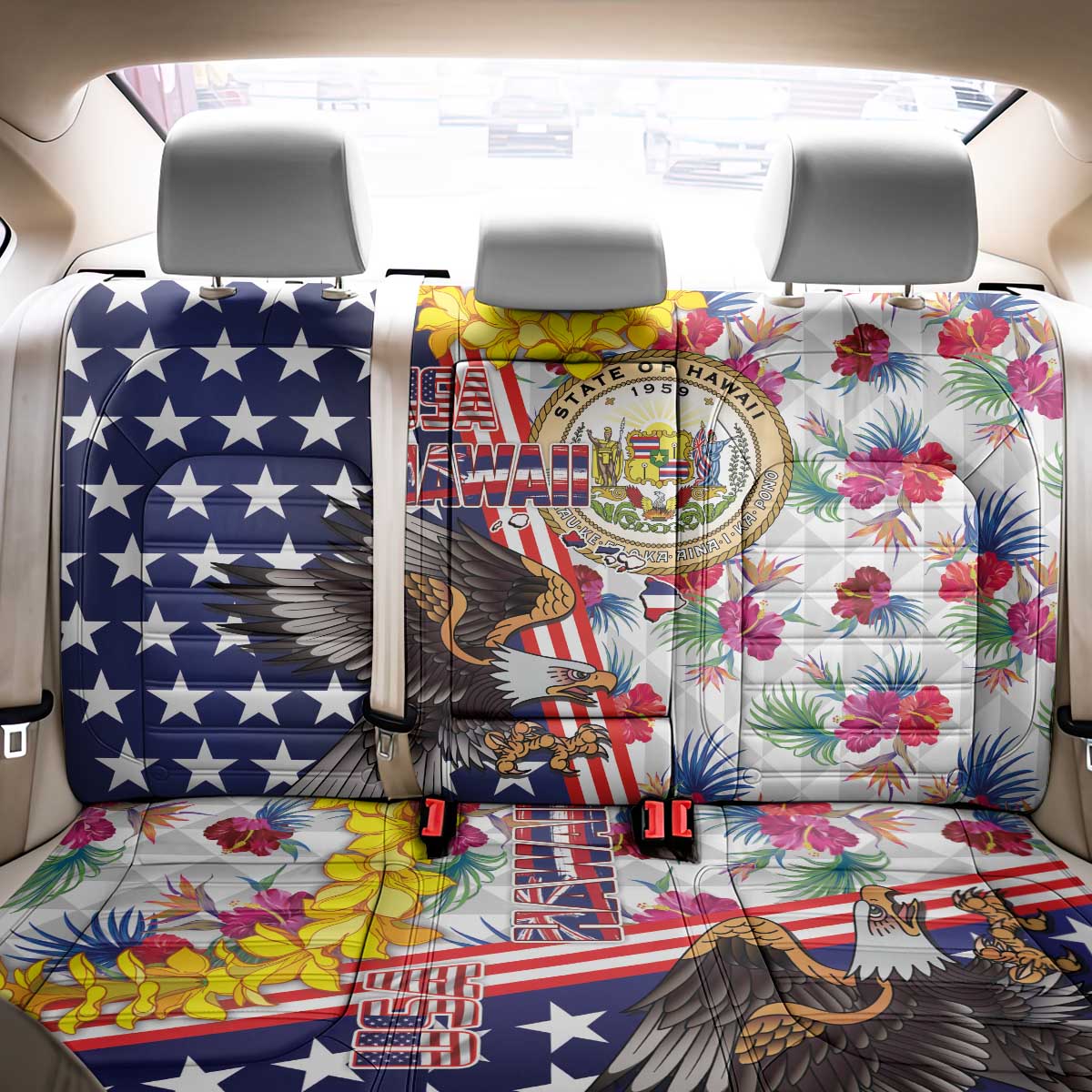 Hawaii and United States Together Back Car Seat Cover Seal of Hawaii and Bald Eagle LT03 - Polynesian Pride