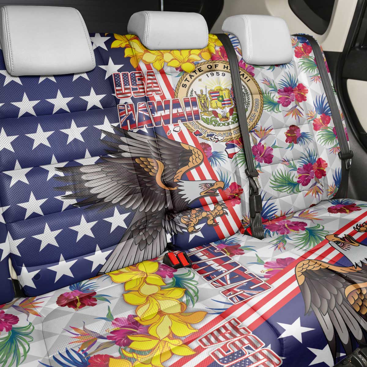 Hawaii and United States Together Back Car Seat Cover Seal of Hawaii and Bald Eagle LT03 - Polynesian Pride