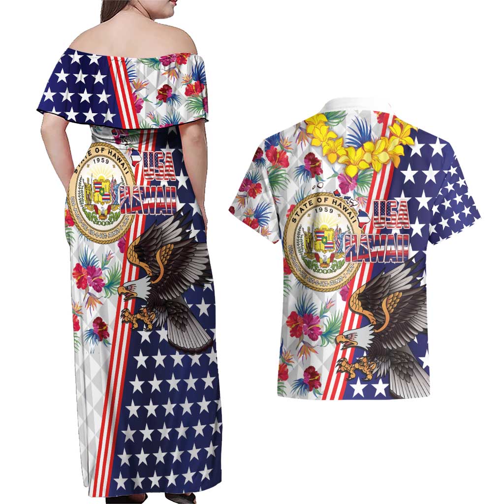 Hawaii and United States Together Couples Matching Off Shoulder Maxi Dress and Hawaiian Shirt Seal of Hawaii and Bald Eagle LT03 - Polynesian Pride