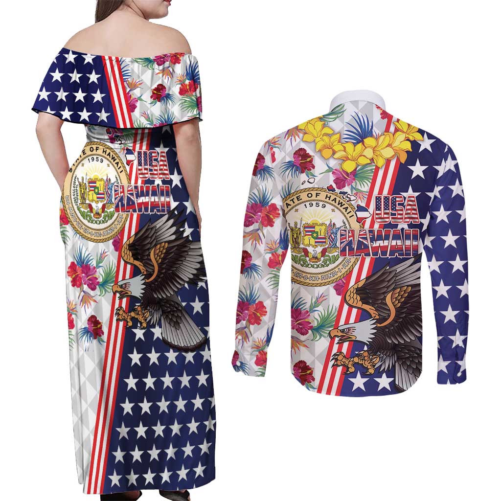 Hawaii and United States Together Couples Matching Off Shoulder Maxi Dress and Long Sleeve Button Shirt Seal of Hawaii and Bald Eagle LT03 - Polynesian Pride