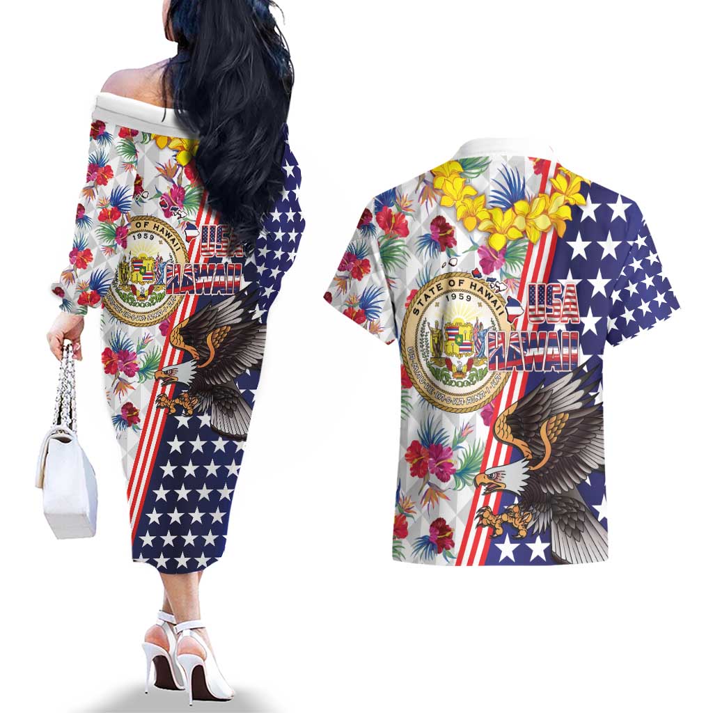 Hawaii and United States Together Couples Matching Off The Shoulder Long Sleeve Dress and Hawaiian Shirt Seal of Hawaii and Bald Eagle LT03 - Polynesian Pride