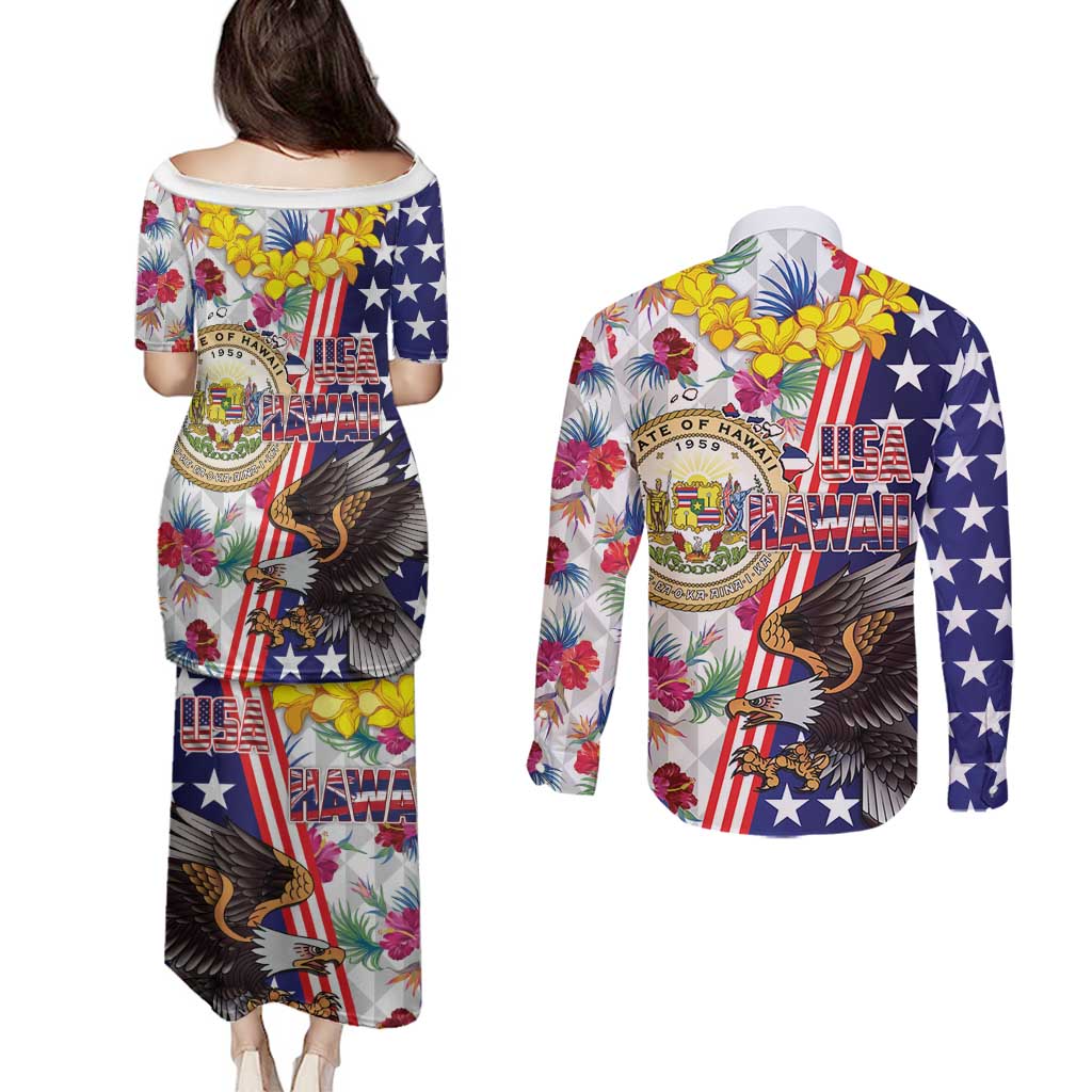 Hawaii and United States Together Couples Matching Puletasi and Long Sleeve Button Shirt Seal of Hawaii and Bald Eagle LT03 - Polynesian Pride