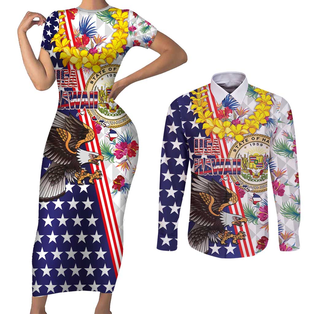 Hawaii and United States Together Couples Matching Short Sleeve Bodycon Dress and Long Sleeve Button Shirt Seal of Hawaii and Bald Eagle LT03 White - Polynesian Pride