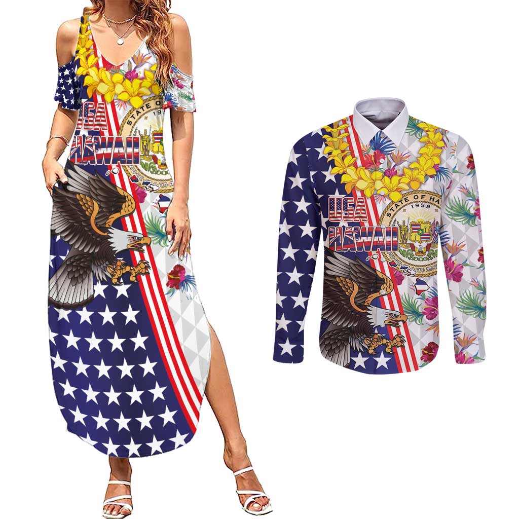 Hawaii and United States Together Couples Matching Summer Maxi Dress and Long Sleeve Button Shirt Seal of Hawaii and Bald Eagle LT03 White - Polynesian Pride