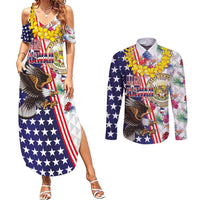 Hawaii and United States Together Couples Matching Summer Maxi Dress and Long Sleeve Button Shirt Seal of Hawaii and Bald Eagle LT03 White - Polynesian Pride
