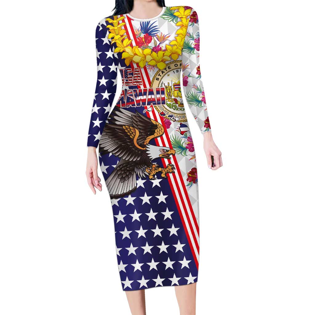 Hawaii and United States Together Family Matching Long Sleeve Bodycon Dress and Hawaiian Shirt Seal of Hawaii and Bald Eagle LT03 Mom's Dress White - Polynesian Pride