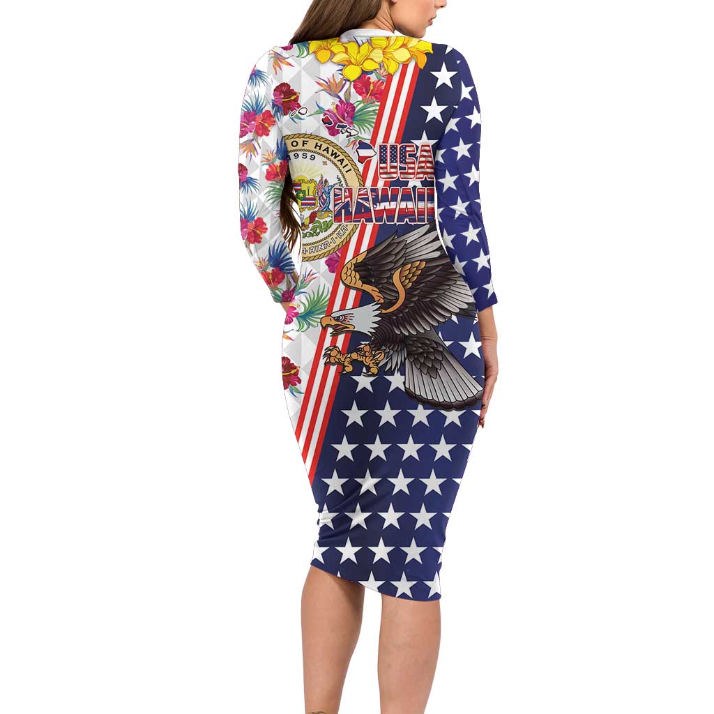 Hawaii and United States Together Family Matching Long Sleeve Bodycon Dress and Hawaiian Shirt Seal of Hawaii and Bald Eagle LT03 - Polynesian Pride