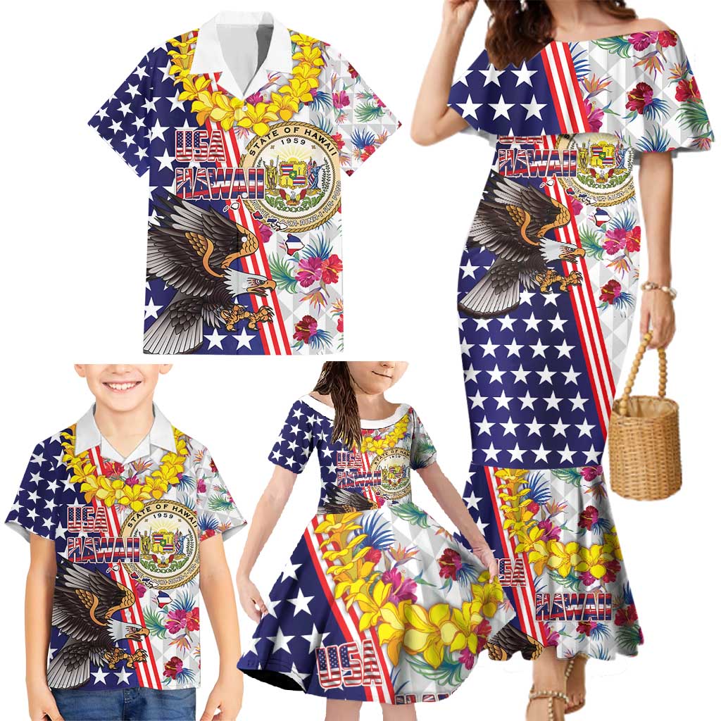 Hawaii and United States Together Family Matching Mermaid Dress and Hawaiian Shirt Seal of Hawaii and Bald Eagle LT03 - Polynesian Pride