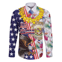 Hawaii and United States Together Family Matching Mermaid Dress and Hawaiian Shirt Seal of Hawaii and Bald Eagle LT03 Dad's Shirt - Long Sleeve White - Polynesian Pride