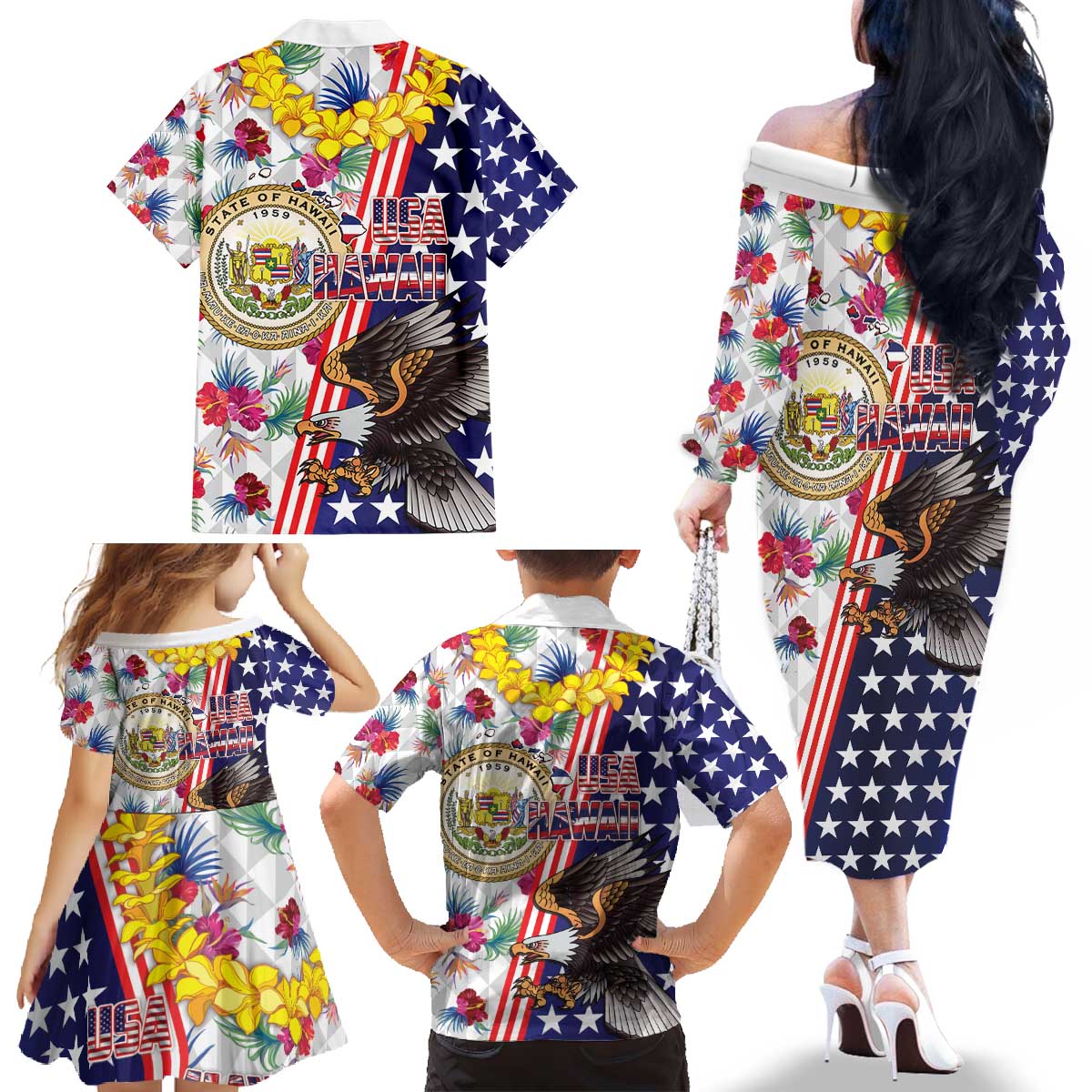 Hawaii and United States Together Family Matching Off The Shoulder Long Sleeve Dress and Hawaiian Shirt Seal of Hawaii and Bald Eagle LT03 - Polynesian Pride