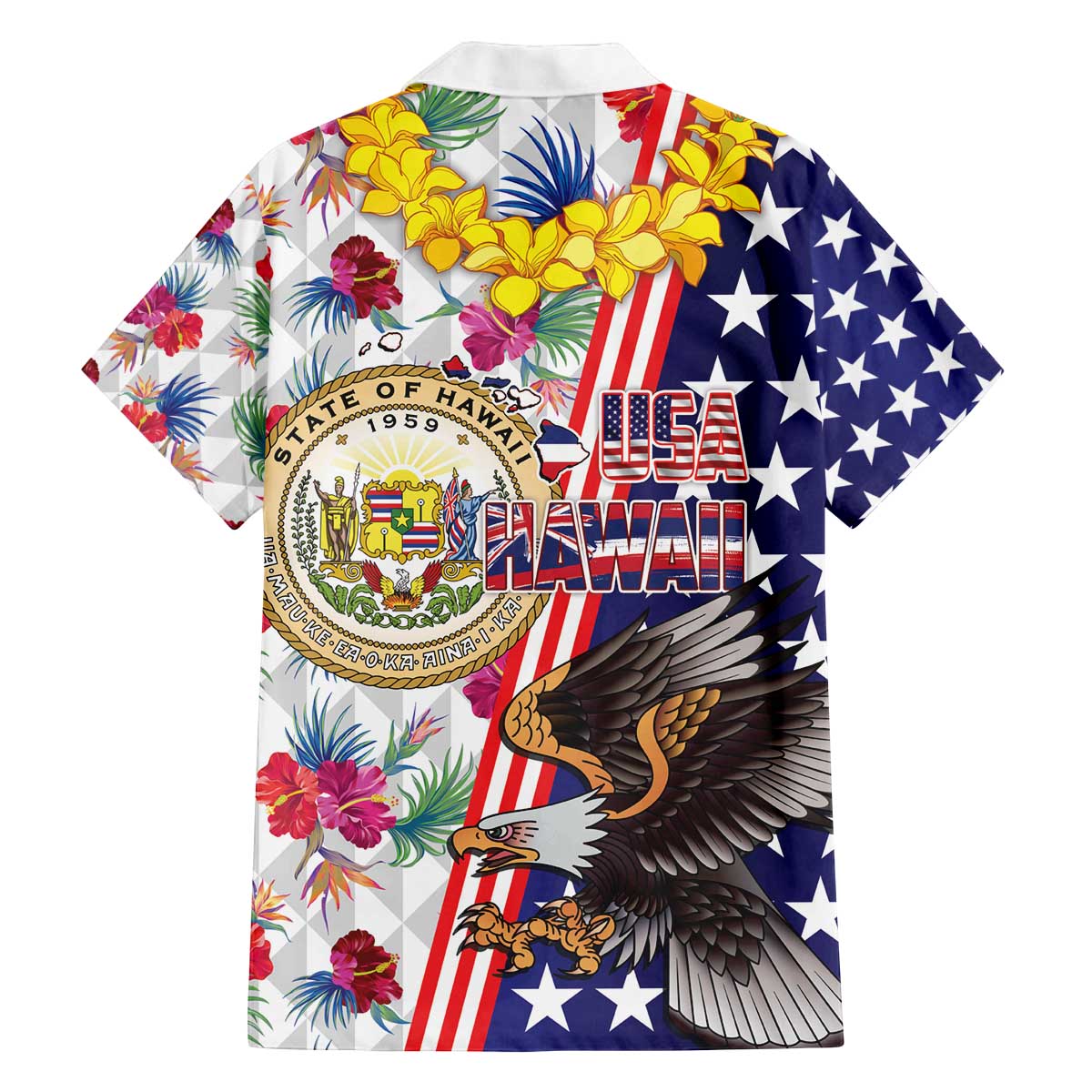 Hawaii and United States Together Family Matching Off The Shoulder Long Sleeve Dress and Hawaiian Shirt Seal of Hawaii and Bald Eagle LT03 - Polynesian Pride