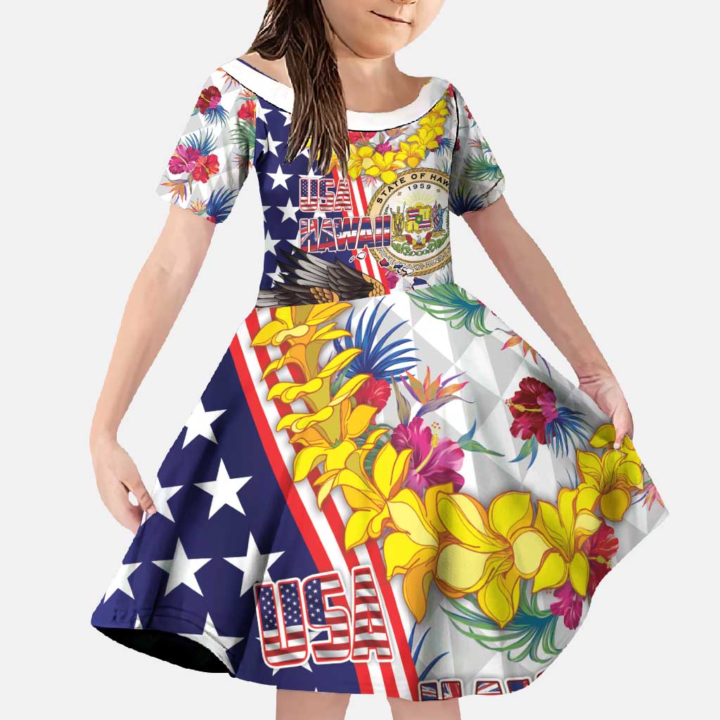 Hawaii and United States Together Family Matching Off Shoulder Maxi Dress and Hawaiian Shirt Seal of Hawaii and Bald Eagle LT03 Daughter's Dress White - Polynesian Pride