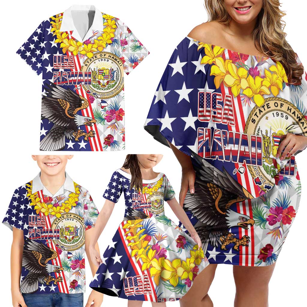 Hawaii and United States Together Family Matching Off Shoulder Short Dress and Hawaiian Shirt Seal of Hawaii and Bald Eagle LT03 - Polynesian Pride