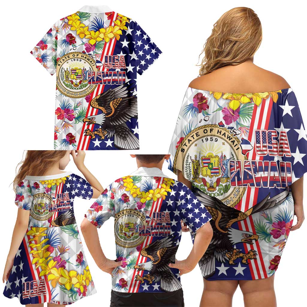 Hawaii and United States Together Family Matching Off Shoulder Short Dress and Hawaiian Shirt Seal of Hawaii and Bald Eagle LT03 - Polynesian Pride
