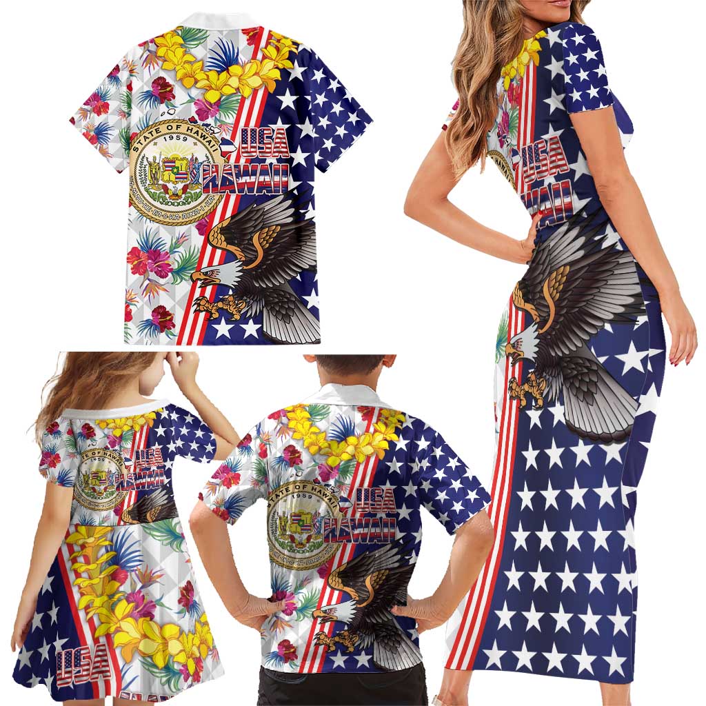 Hawaii and United States Together Family Matching Short Sleeve Bodycon Dress and Hawaiian Shirt Seal of Hawaii and Bald Eagle LT03 - Polynesian Pride