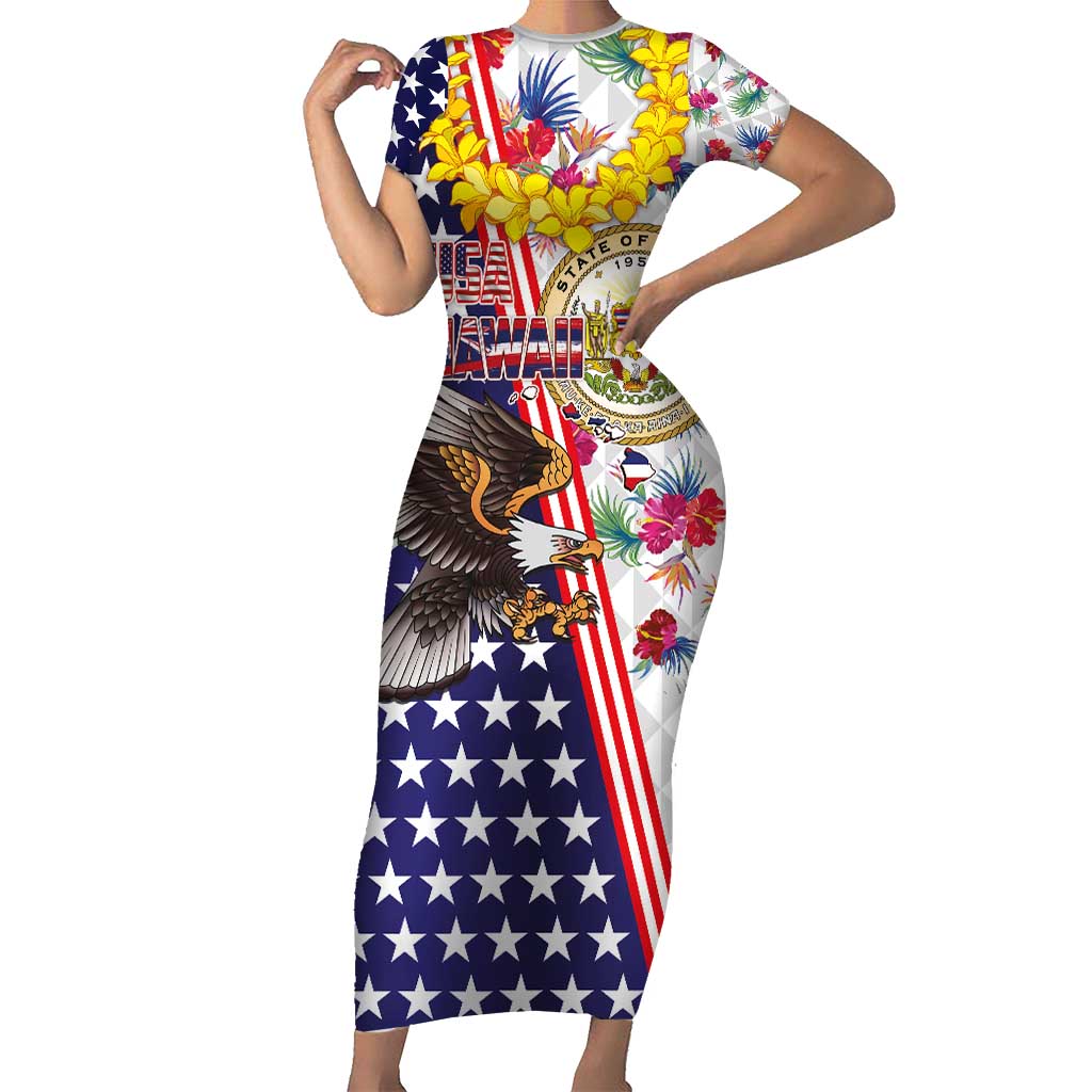 Hawaii and United States Together Family Matching Short Sleeve Bodycon Dress and Hawaiian Shirt Seal of Hawaii and Bald Eagle LT03 Mom's Dress White - Polynesian Pride