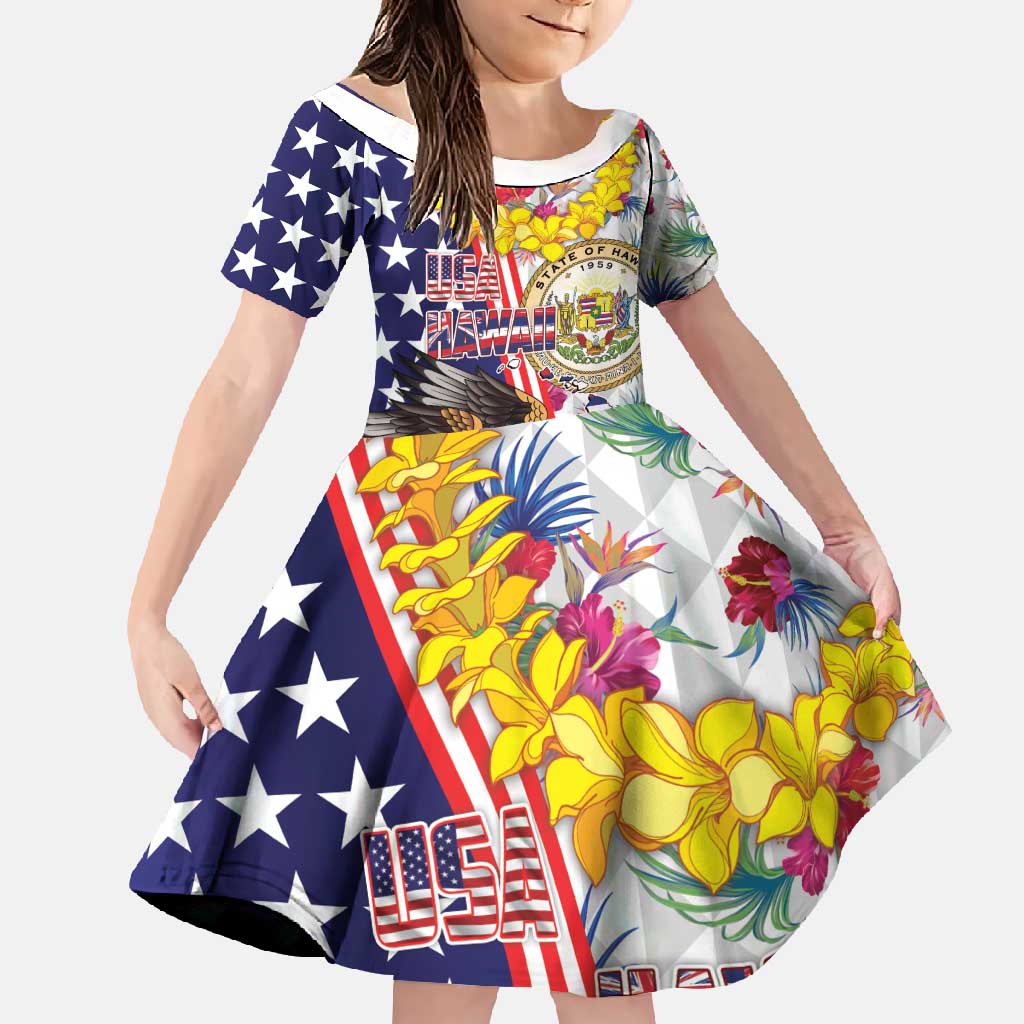 Hawaii and United States Together Family Matching Summer Maxi Dress and Hawaiian Shirt Seal of Hawaii and Bald Eagle LT03 Daughter's Dress White - Polynesian Pride