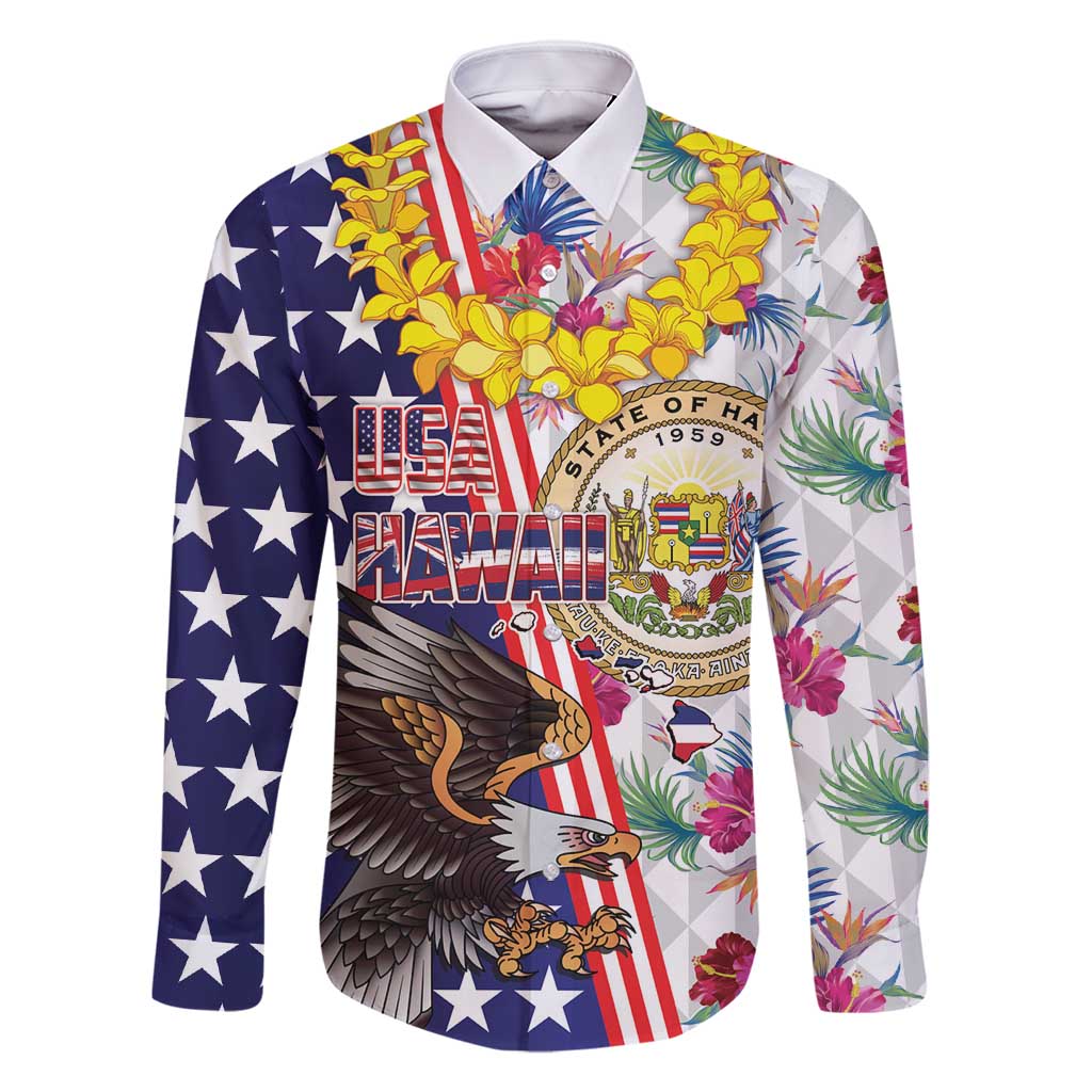 Hawaii and United States Together Family Matching Summer Maxi Dress and Hawaiian Shirt Seal of Hawaii and Bald Eagle LT03 Dad's Shirt - Long Sleeve White - Polynesian Pride
