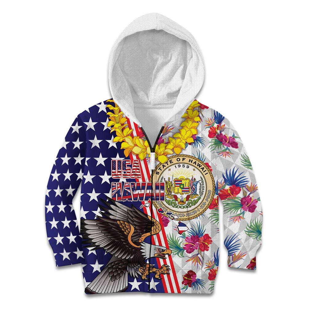 Hawaii and United States Together Kid Hoodie Seal of Hawaii and Bald Eagle LT03 Zip Hoodie White - Polynesian Pride