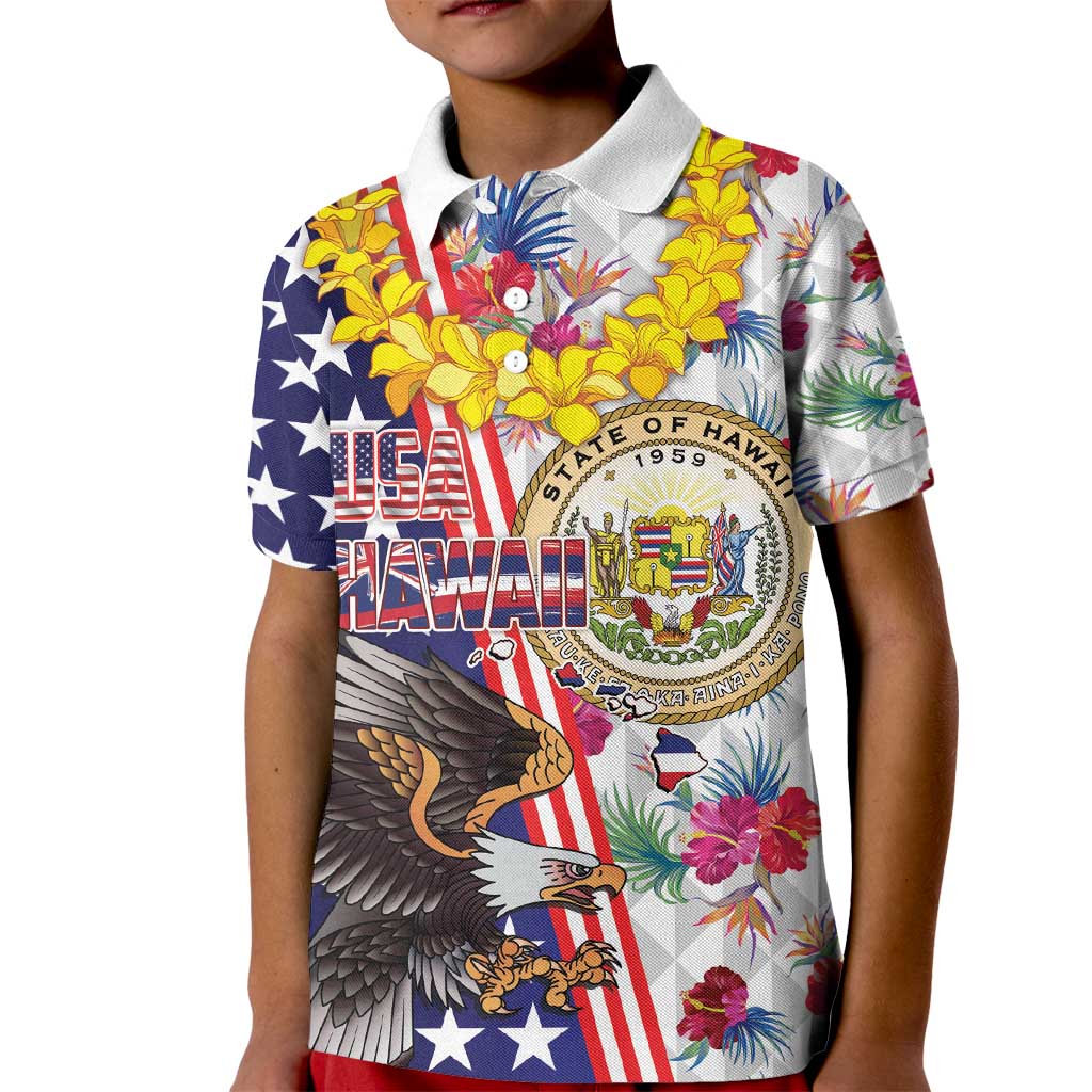 Hawaii and United States Together Kid Polo Shirt Seal of Hawaii and Bald Eagle LT03 Kid White - Polynesian Pride