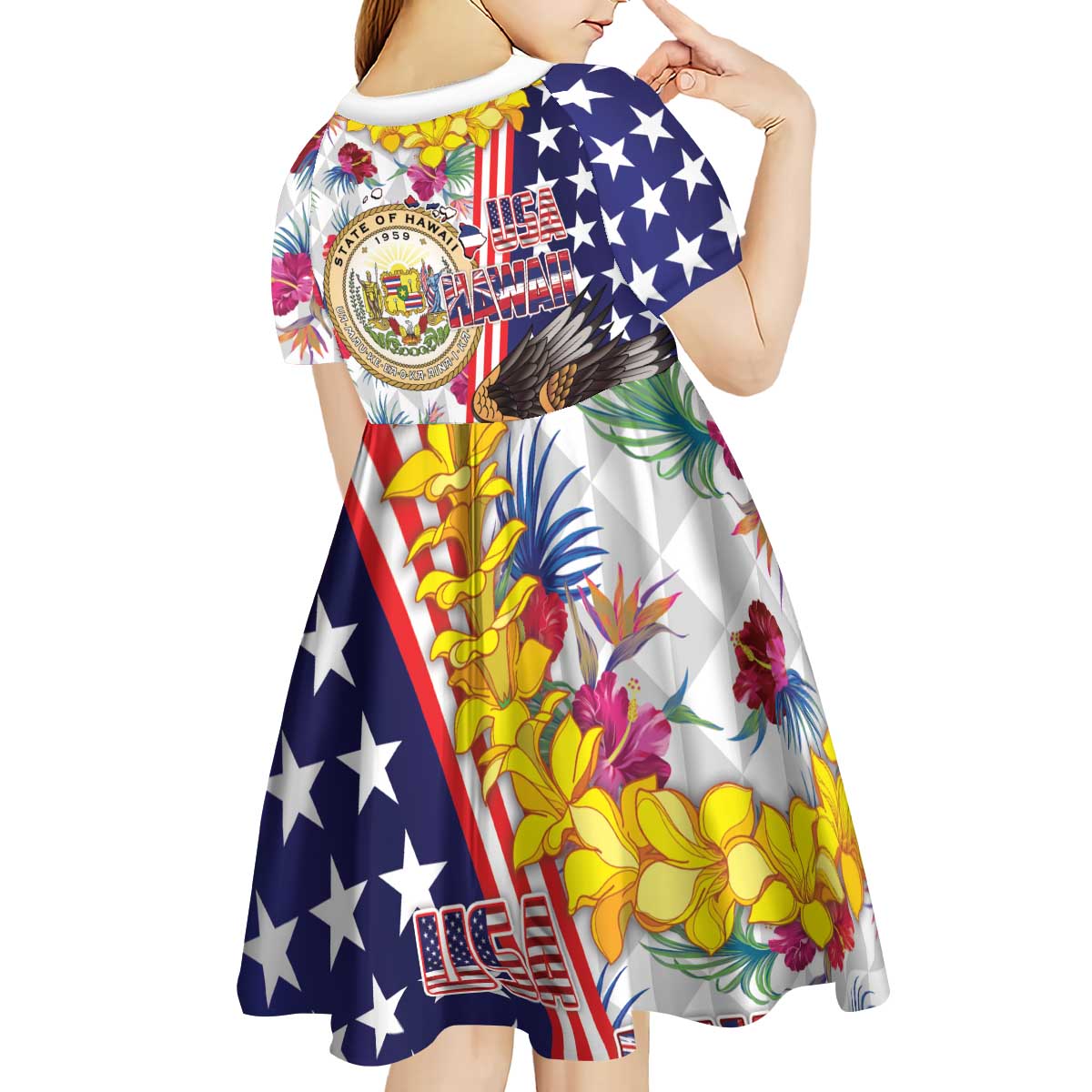 Hawaii and United States Together Kid Short Sleeve Dress Seal of Hawaii and Bald Eagle LT03 - Polynesian Pride