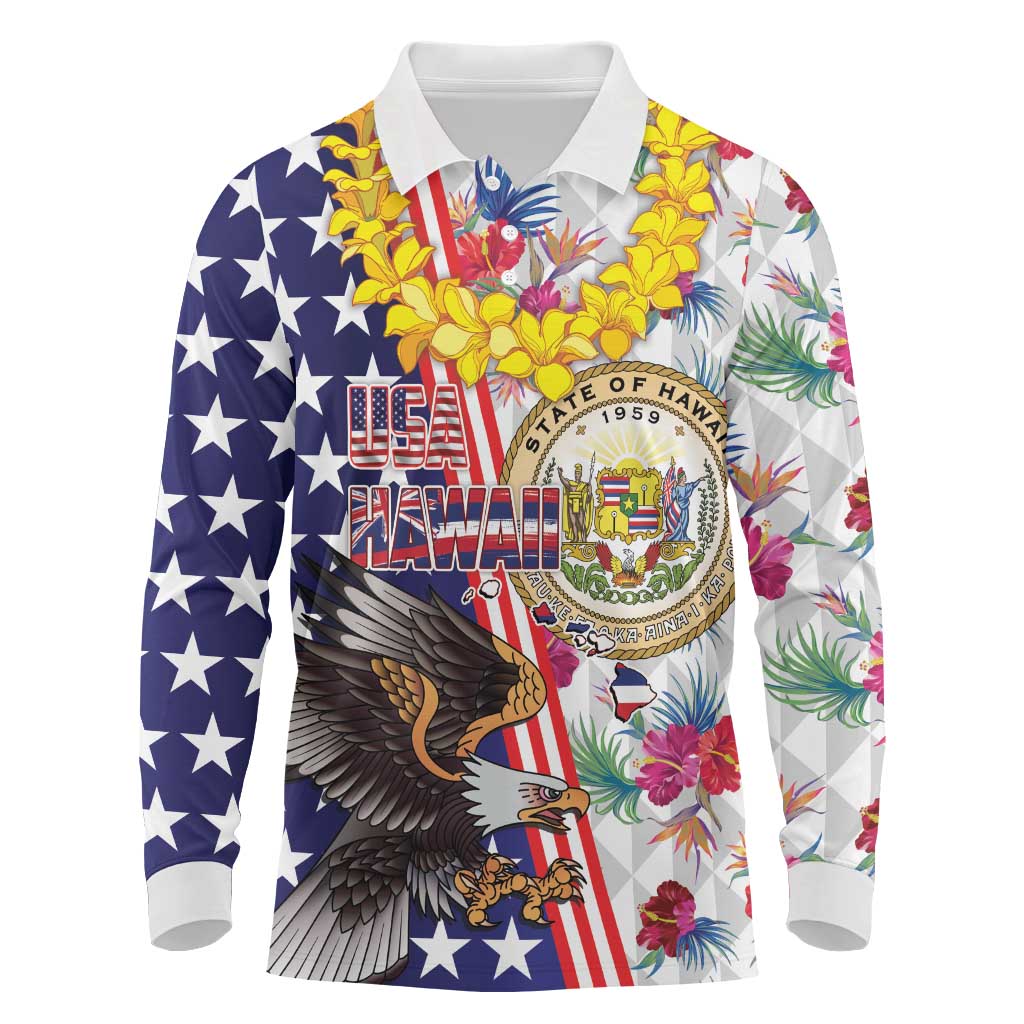 Hawaii and United States Together Long Sleeve Polo Shirt Seal of Hawaii and Bald Eagle LT03 White - Polynesian Pride