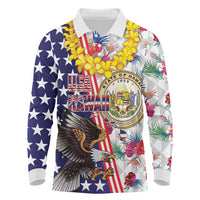 Hawaii and United States Together Long Sleeve Polo Shirt Seal of Hawaii and Bald Eagle LT03 White - Polynesian Pride