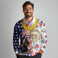 Hawaii and United States Together Long Sleeve Polo Shirt Seal of Hawaii and Bald Eagle LT03 - Polynesian Pride