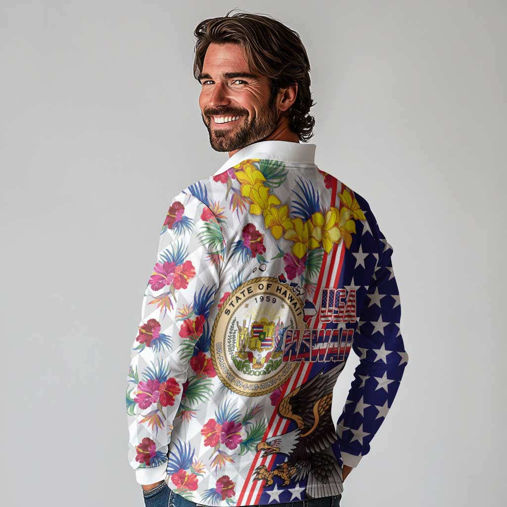 Hawaii and United States Together Long Sleeve Polo Shirt Seal of Hawaii and Bald Eagle LT03 - Polynesian Pride