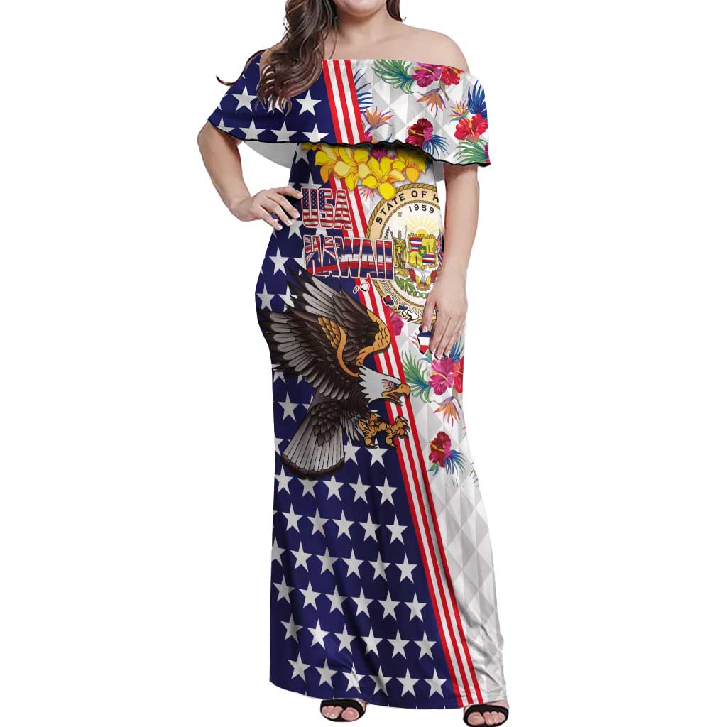 Hawaii and United States Together Off Shoulder Maxi Dress Seal of Hawaii and Bald Eagle LT03 Women White - Polynesian Pride
