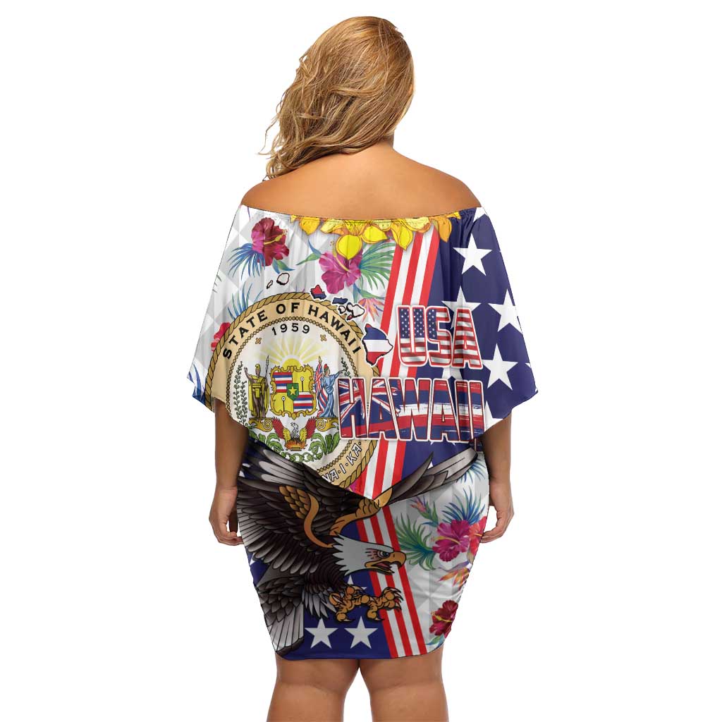 Hawaii and United States Together Off Shoulder Short Dress Seal of Hawaii and Bald Eagle LT03 - Polynesian Pride