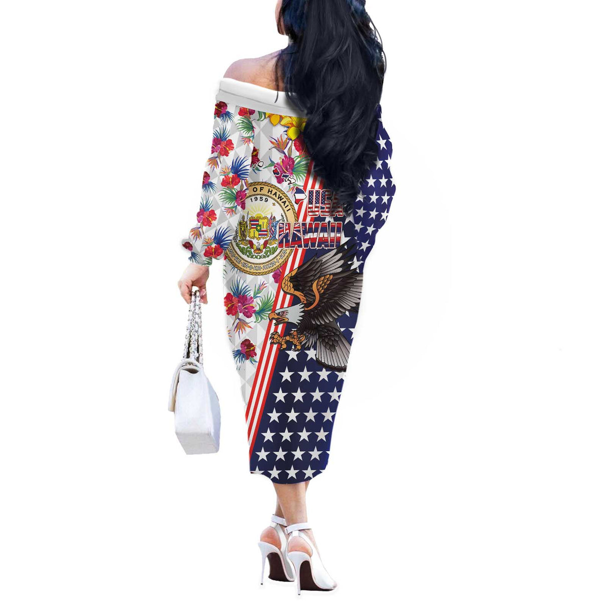 Hawaii and United States Together Off The Shoulder Long Sleeve Dress Seal of Hawaii and Bald Eagle LT03 - Polynesian Pride