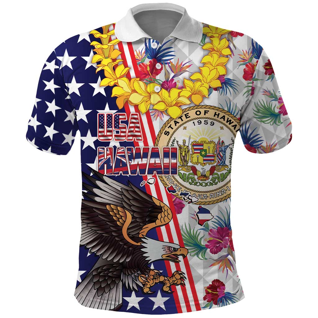 Hawaii and United States Together Polo Shirt Seal of Hawaii and Bald Eagle LT03 White - Polynesian Pride