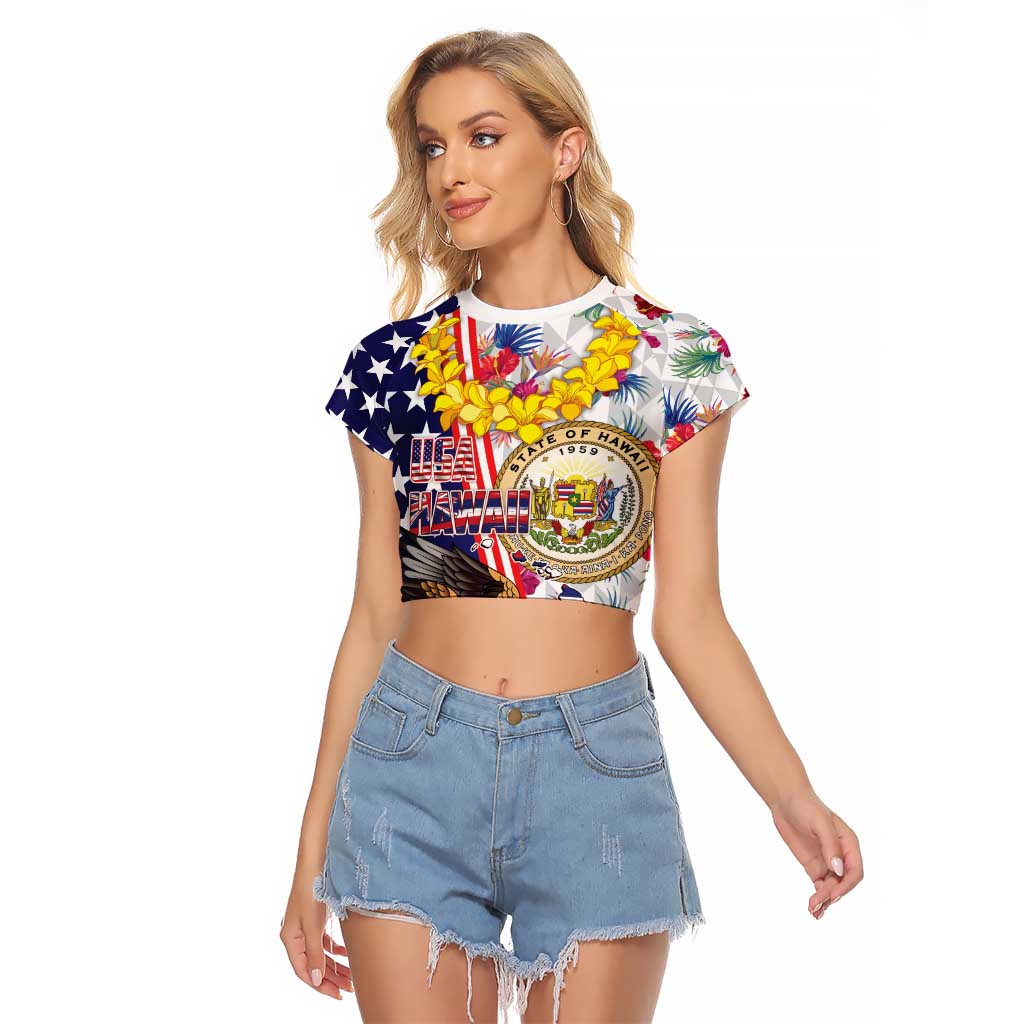 Hawaii and United States Together Raglan Cropped T Shirt Seal of Hawaii and Bald Eagle LT03 Female White - Polynesian Pride