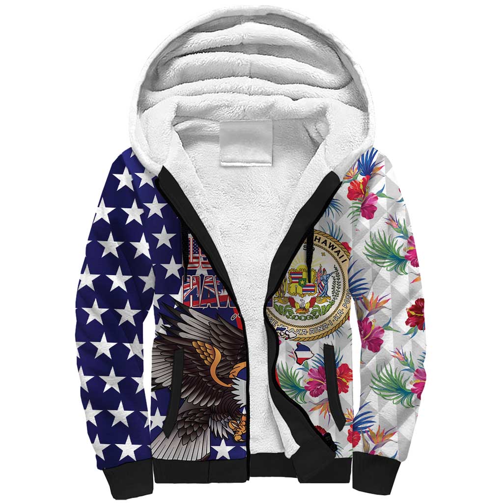 Hawaii and United States Together Sherpa Hoodie Seal of Hawaii and Bald Eagle LT03 Unisex White - Polynesian Pride