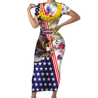Hawaii and United States Together Short Sleeve Bodycon Dress Seal of Hawaii and Bald Eagle LT03 Long Dress White - Polynesian Pride
